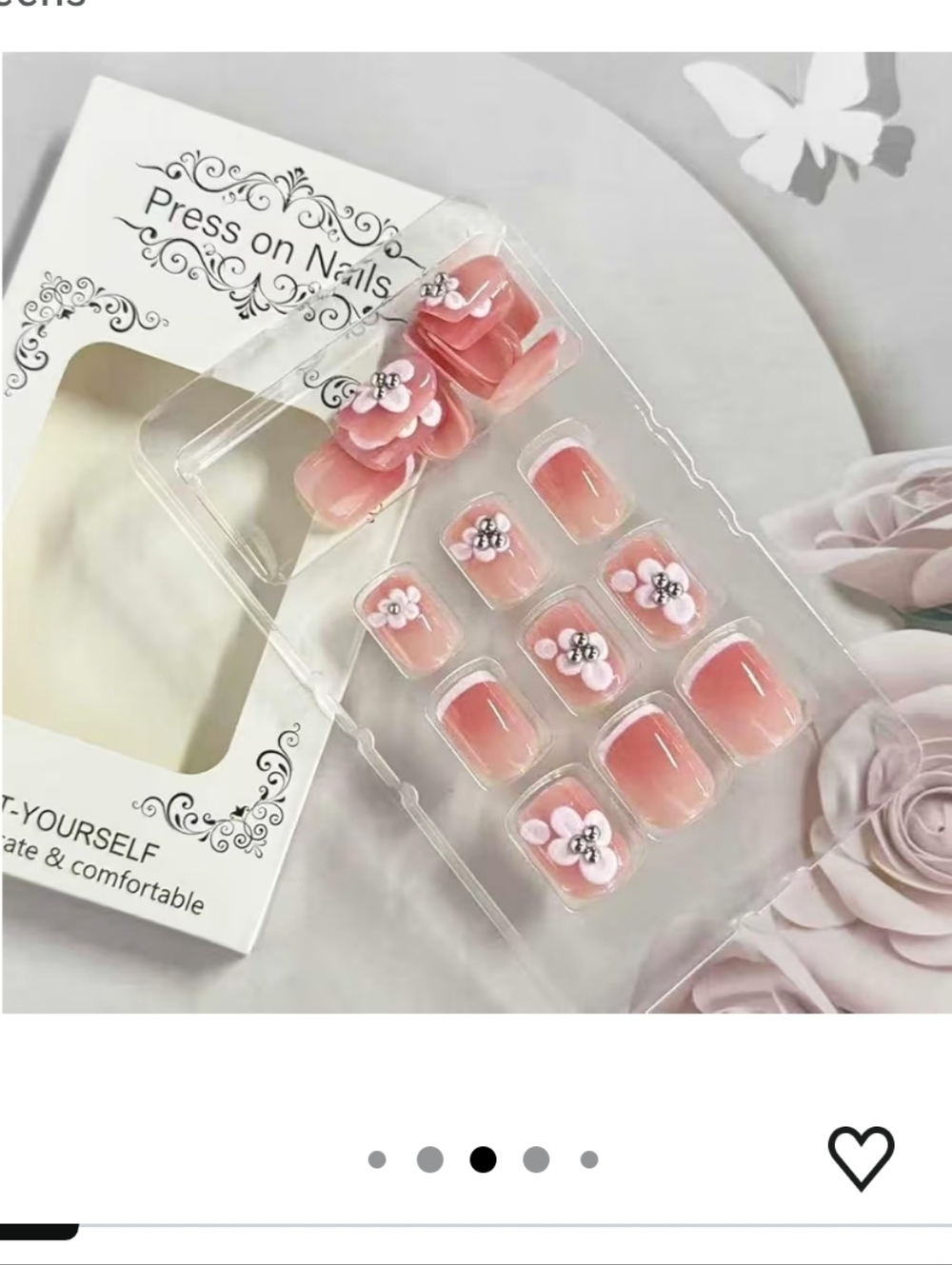 Pink Glossy Short Square Press-On Nails with 3D Flower Accents - Picture 4 of 5